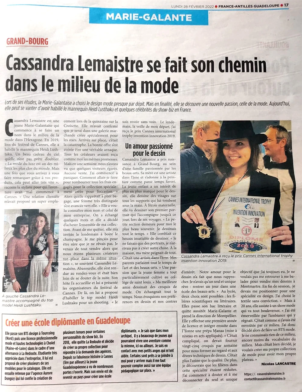 Cassandra Le Maistre dans le France Antilles ! — photographie des archives