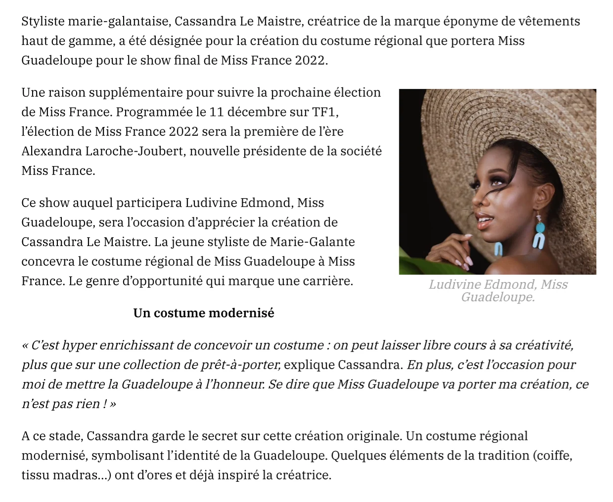 Cassandra Le Maistre, styliste, habillera Miss Guadeloupe pour Miss France — photographie des archives